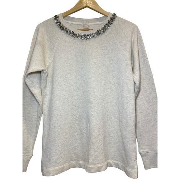 J. Crew Rhinestone Jewel Neckline Holiday Heathered Cream Sweatshirt 100% Cotton - Picture 5 of 12